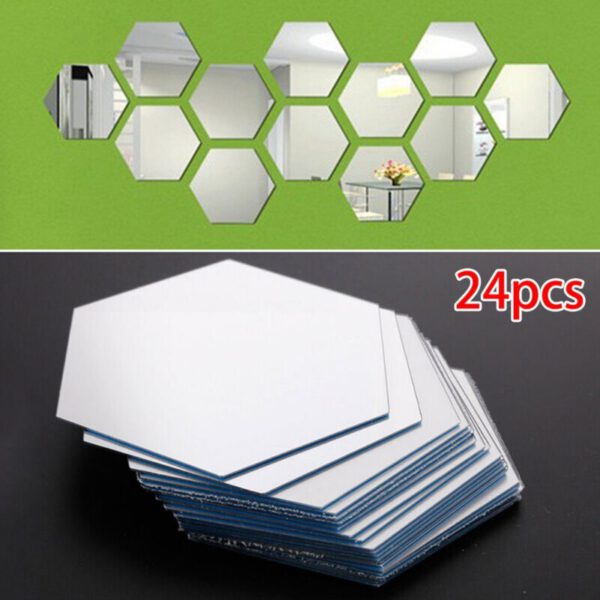 24pcs Hexagon Mirror Sticker Self-adhesive Mosaic Tiles PS Bathroom Decorate Silver Mirror Small 80*70*40mm .