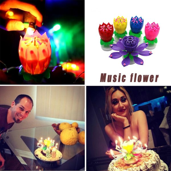 Music Candle Muticolor Double Flower Blossoms Birthday Cake Flat Rotating Electronic Decoration Wedding Party Desktop Candle