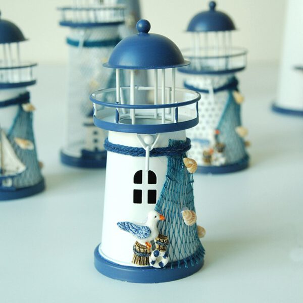 Mediterranean Style Lighthouse Iron Candle Candlestick Blue White Wedding Home Table Decor Candle Holder Romantic Candlesticks
