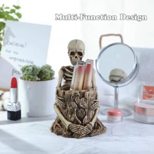 Creative Resin Skull Pen Holder Desk Wall Mounted Skull Statue Pen Holder Halloween Decor Gift Party Makeup Brush Pencil Storage