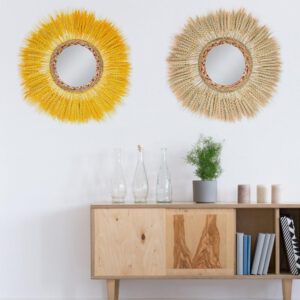 Hanging Wall Mirror Art Decoration Makeup Mirror Boho With Fringe Retro Decorative Wheat Ear Mirror For Bedroom Living Room