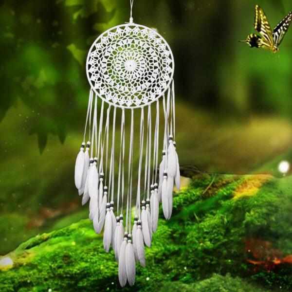 Handmade Dream Catchers Hanging White Lace Flower Dreamcatcher Wind Chimes Indiana Feather Pendant Creative Car Decoration